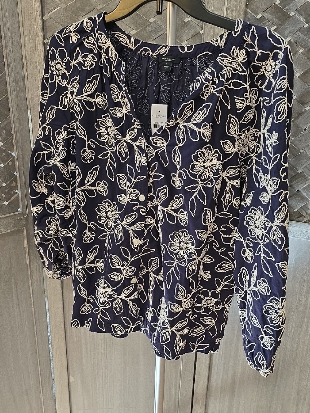 Ann Taylor Navy Blouse with White Floral Embroidery